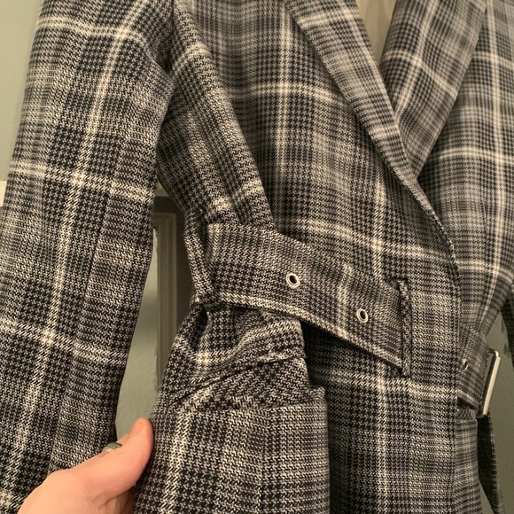 Mo&co designer long gray plaid trench coat blazer belt waist - medium - Picture 10 of 11